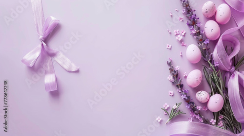 Elegant Easter composition with a lavender ribbon and patterned eggs, providing a refined banner with blank space © road to millionaire