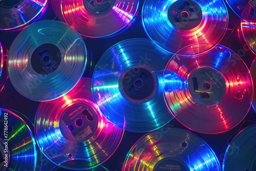 Assortment of shiny compact discs reflecting a spectrum of colors in a pattern, symbolizing data storage