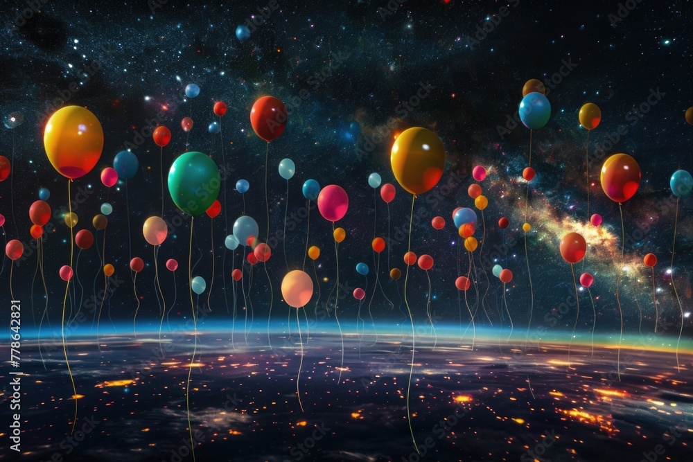 Colorful balloons rising into a mesmerizing night sky with stars and galactic clouds - obrazy, fototapety, plakaty 