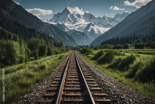 A landscape of a railway track with mountains background