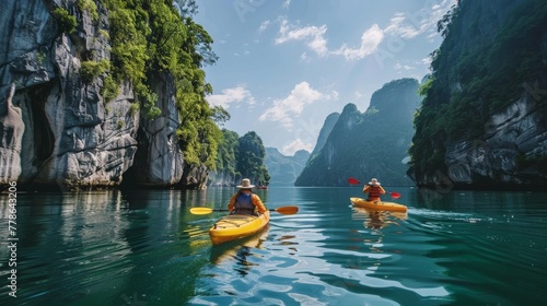 An adventurous duo kayaking through tranquil waters, flanked by towering cliffs and lush forests.