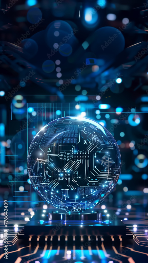 AI semiconductor circuit board in sphere shield. Artificial Intelligence Database system , abstract cloud network data analysis. Copy space, 9:16 AI semiconductor circuit board in sphere shield. Artificial Intelligence Database system , abstract cloud network data analysis. Copy space, 9:16