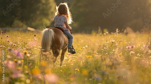 A toddlers first horseback ride on a gentle pony guided through a meadow filled with wildflowers