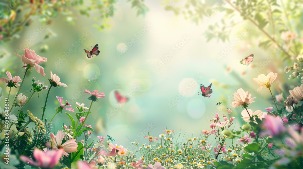 A mesmerizing scene of a flower-filled meadow with delicate butterflies, suitable for a peaceful banner with blank space
