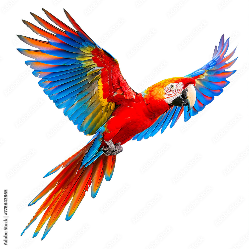 Fototapeta premium A vibrant parrot spreads its colorful wings wide in mid-flight.