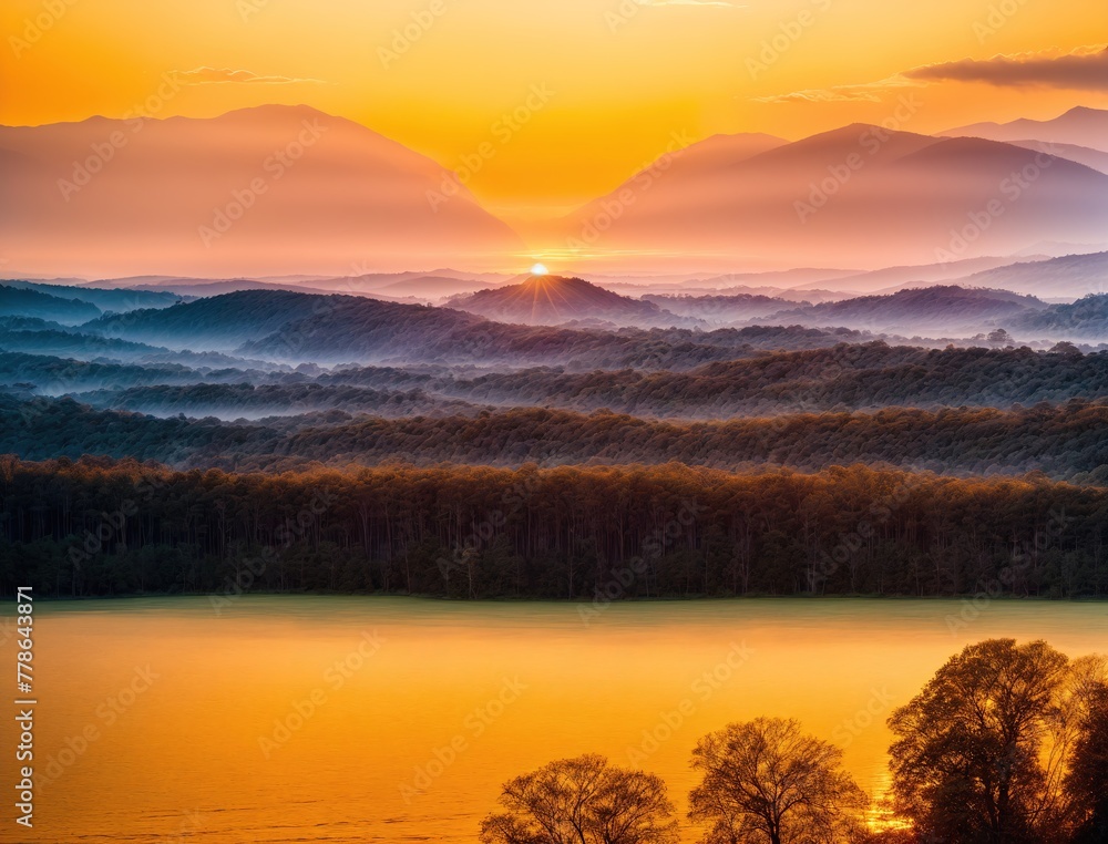 A beautiful sunrise over a mountain range with trees and a lake in the foreground.