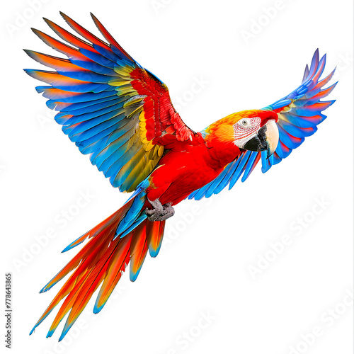 A vibrant parrot spreads its colorful wings wide in mid-flight. © weerasak