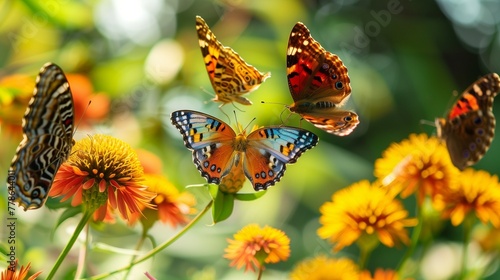 Butterflies and Heleniums: A Symphony of Color and Life - Illustrate the dynamic interaction between colorful butterflies and helenium flowers on a sunny day.