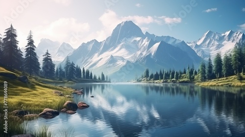 Beautiful mountain lake and natural environment in the morning Picturesque