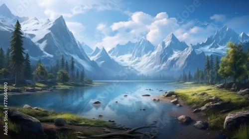 Beautiful mountain lake and natural environment in the morning Picturesque