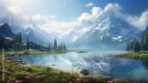 Beautiful mountain lake and natural environment in the morning Picturesque