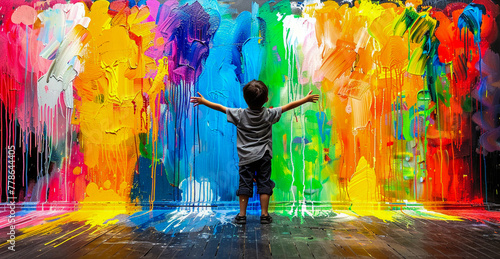 A comic strip of a young artist splashing paint on a wall, expressing joy and imagination in bright colors © weerasak