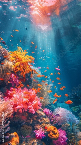 Vibrant coral reefs teeming with marine life underwater rainbow © AlexCaelus