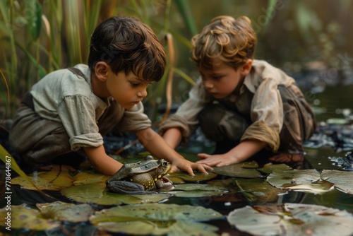 Young boys discover a frog on lily pads, reflecting curiosity and connection with nature in a lush setting.