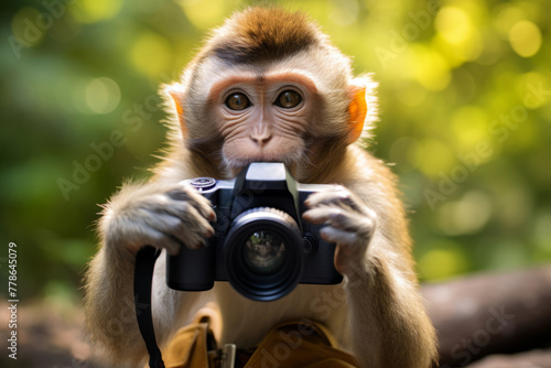 Monkey holding a camera. Monkey taking a picture. Monkey with a camera.