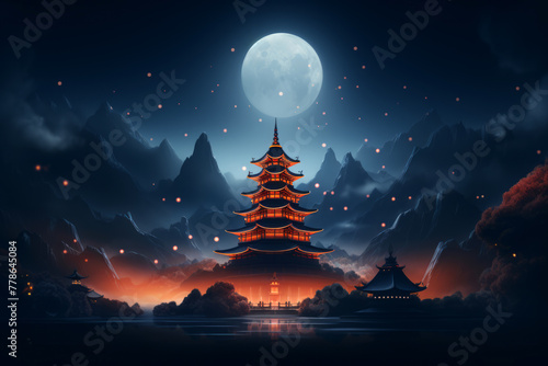 A beautiful pagoda illuminated by lanterns at night, with the moon shining brightly in the sky. The pagoda is a traditional Chinese building that is often used as a place of worship. photo