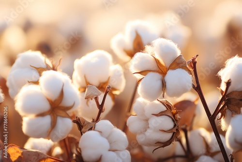A cotton field at sunset. Cotton field background ready for harvest under a golden sunset macro close ups of plants.