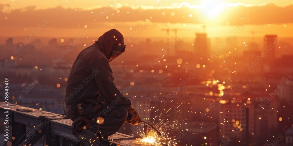 A man welding on a roof with the city in the background. Generative AI. A man welding on a roof with the city in the background. Generative AI.