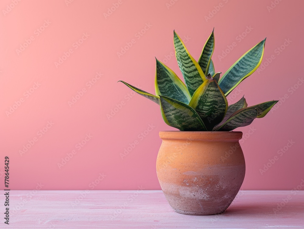 Sansevieria plant in a clay pot, minimalism, pastel background. Sansevieria plant in a clay pot, minimalism, pastel background.