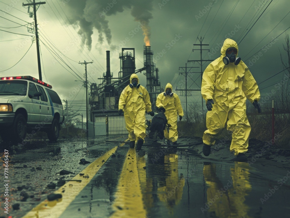 A group of people in yellow suits walking down a road. Generative AI. A group of people in yellow suits walking down a road. Generative AI.