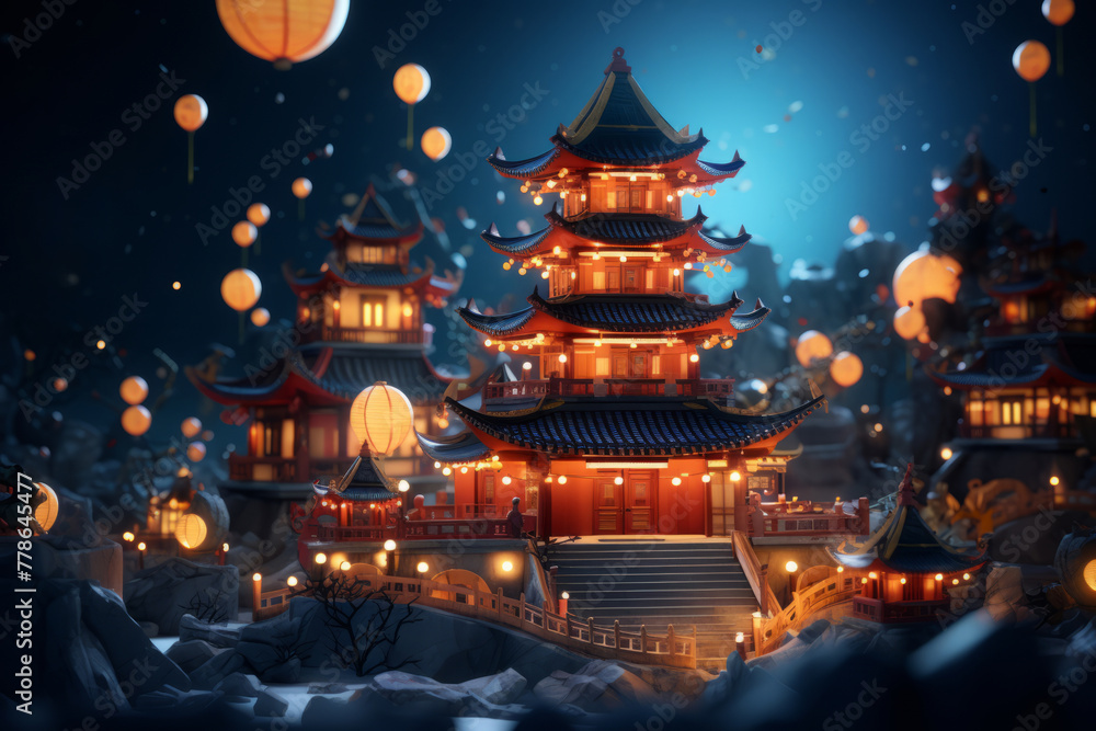 Fototapeta premium A beautifully lit small pagoda surrounded by lanterns at night. The pagoda is a traditional Chinese building that is often used as a place of worship especially during festivals.