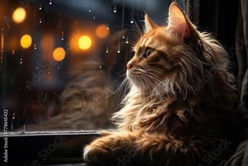 A long-haired cat gazes out a window at the falling rain, lost in thought.