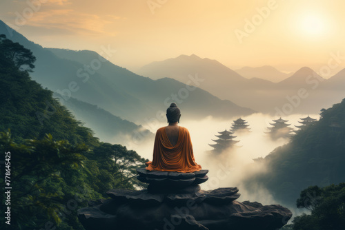 A serene Buddha statue rests peacefully amidst the beauty of nature. The Buddha statue nestled amidst the breathtaking beauty of nature emanates a sense of serenity and peace. © Ongushi