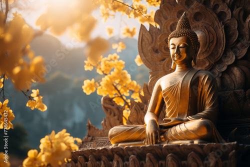 A serene Buddha statue rests peacefully amidst the beauty of nature. The Buddha statue nestled amidst the breathtaking beauty of nature emanates a sense of serenity and peace.