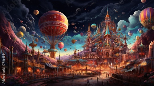 Enchanting Night at the Illuminated Fantasy Castle with Colorful Hot Air Balloons in the Sky photo