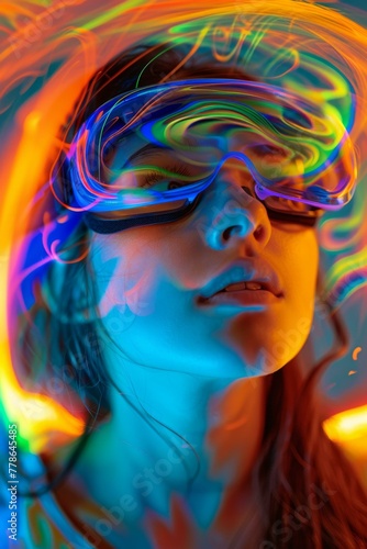 A woman wearing goggles with a colorful background. Generative AI.