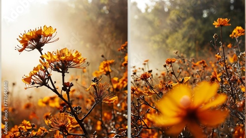 Photo collage of yellow flowers in the morning sunlight. Selective focus. © BOJOShop