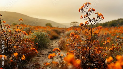 Beautiful orange flowers in the autumn forest. Shallow depth of field.
