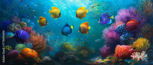 An underwater scene with many colorful fish swimming around. Generative AI.