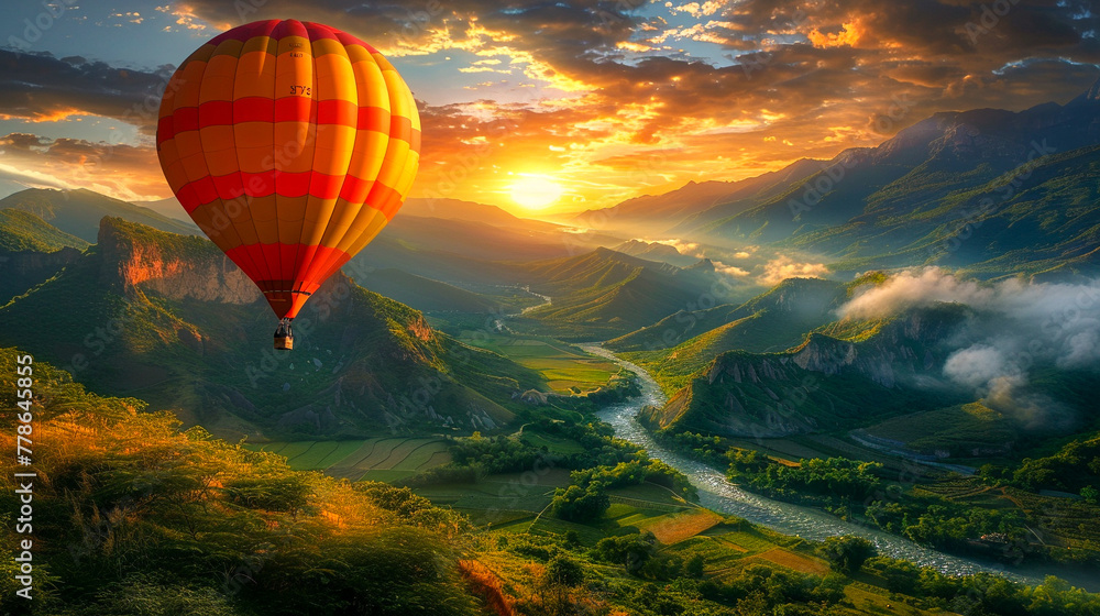 Fototapeta premium A hot air balloon soaring over a lush valley at sunrise, the serenity and beauty evoking a sense of elation