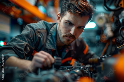 A man working on a car engine in an auto repair shop. Generative AI. © serg3d