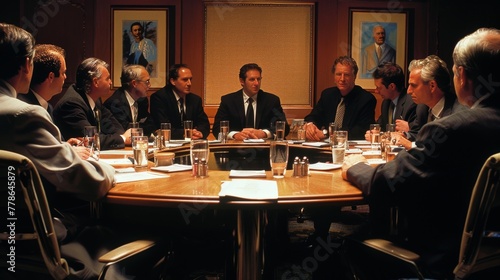 An intense negotiation session at a roundtable, with all participants in crisp business attire, deep in discussion. photo