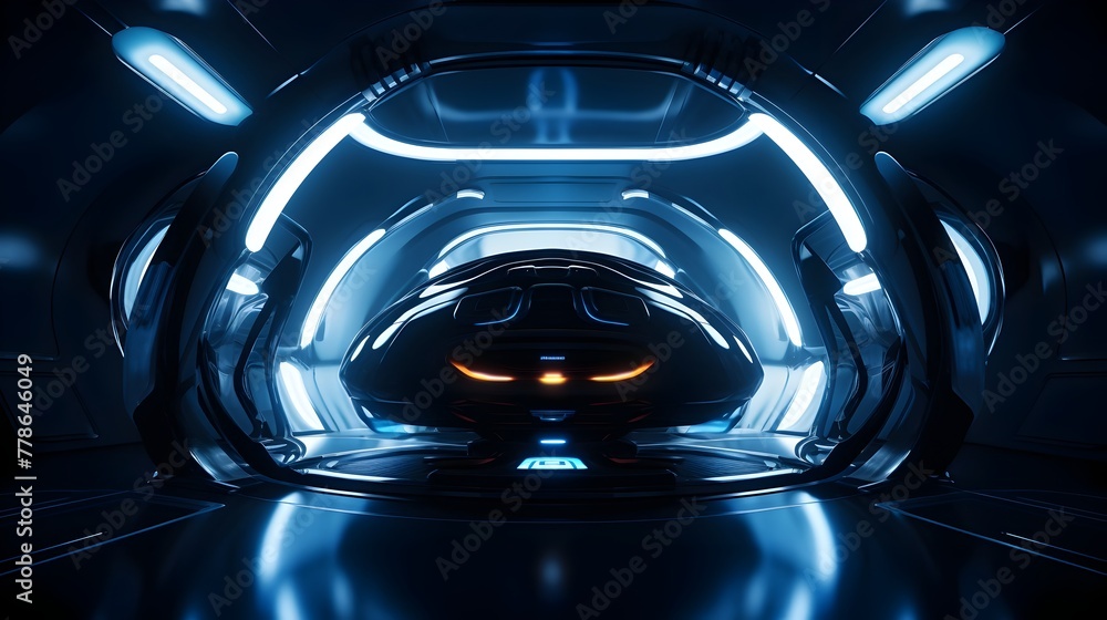 Futuristic Spaceship Interior Immersed in Glowing White and Blue Lights Showcasing Cutting Edge Technology and Concepts