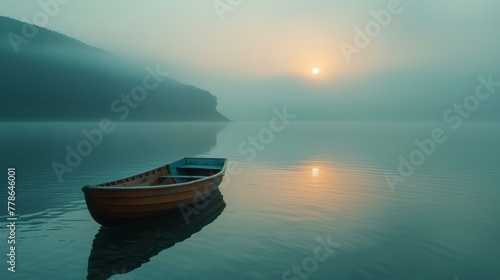 Amidst the calm waters of a pristine lake a simple wooden toy boat sails © JH45