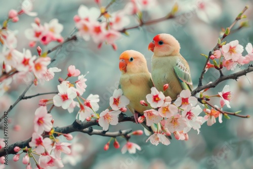 Two birds are sitting on a branch of flowers with pink blossoms. Generative AI.