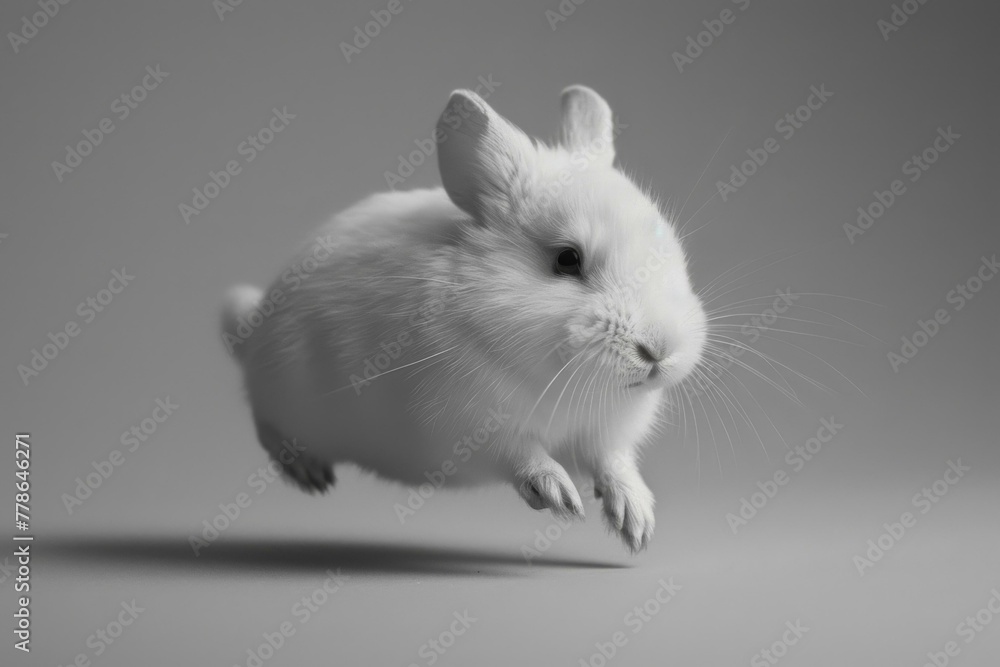 A bunny is flying through the air in a gray background. Generative AI.