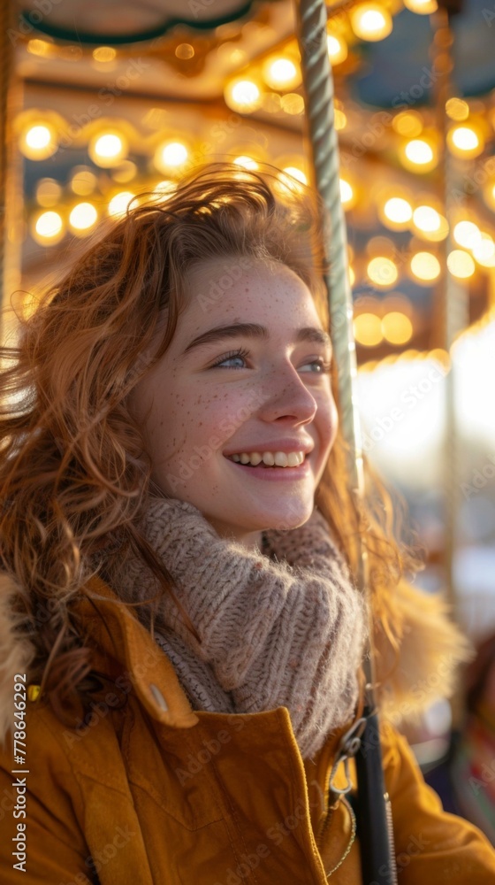 A woman smiling while riding a merry go round at night. Generative AI. A woman smiling while riding a merry go round at night. Generative AI.