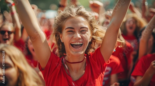 Red sports fans scream as they support their team from the stadium. Football supporters having fun at the event Champion and Victory Concept