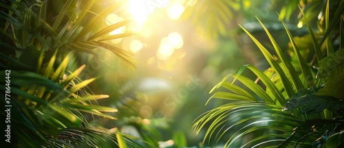 A jungle scene with sunlight shining through the trees. Generative AI. © serg3d