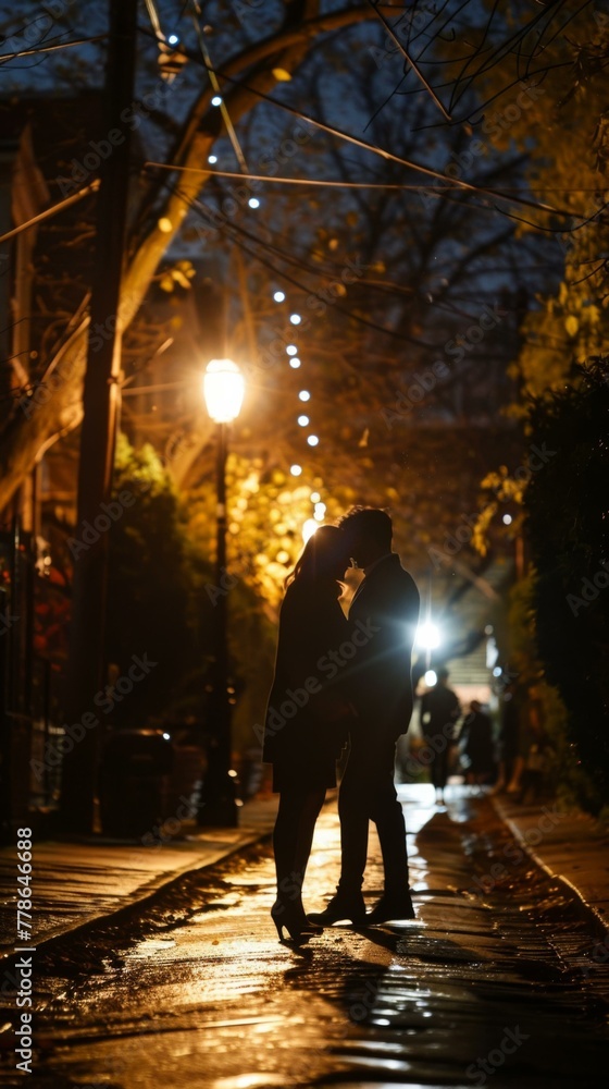 A couple kissing on a street at night in the rain. Generative AI.