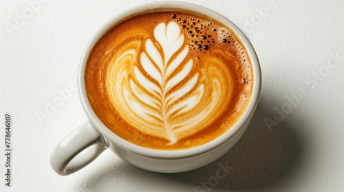 Expertly crafted latte cappuccino, elegant cream swirls, top angle, warm and inviting feel