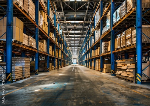 Modern Large Scale Distribution Warehouse with High Shelves and Inventory.