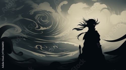 An ethereal silhouette of a helmeted character amidst swirling