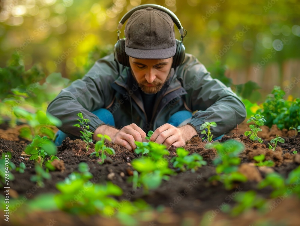 A man in headphones kneeling down to plant a seed. Generative AI. A man in headphones kneeling down to plant a seed. Generative AI.