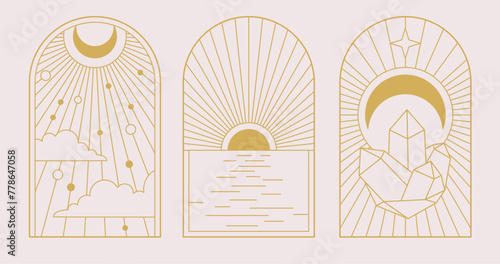 Set of Modern magic witchcraft cards with sun and moon. Line art occult vector illustration