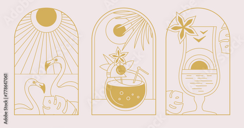 Set of modern line art summer icons with pina colada cocktail, flamingo and sun. Set of summer posters. Vector illustration